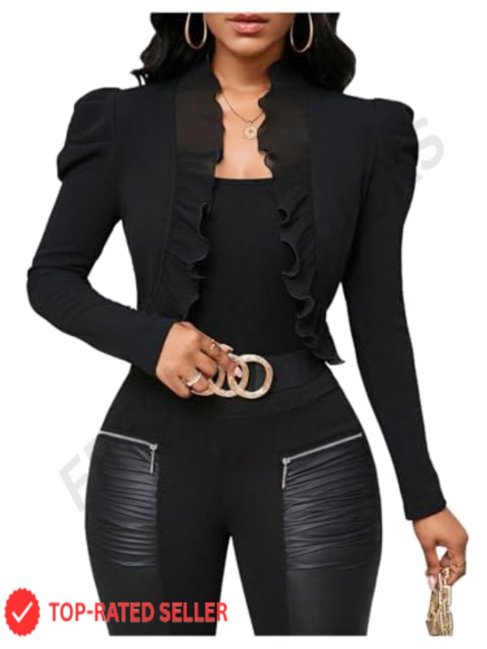 Women's Ruffle Cropped Blazer Jacket Casual Open Front Puff Long Sleeve Bolero